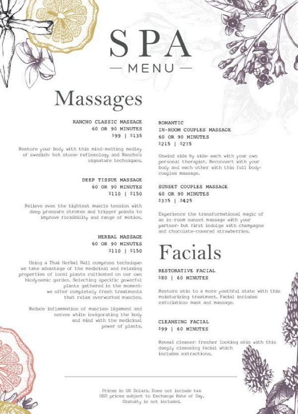 Spa Menu